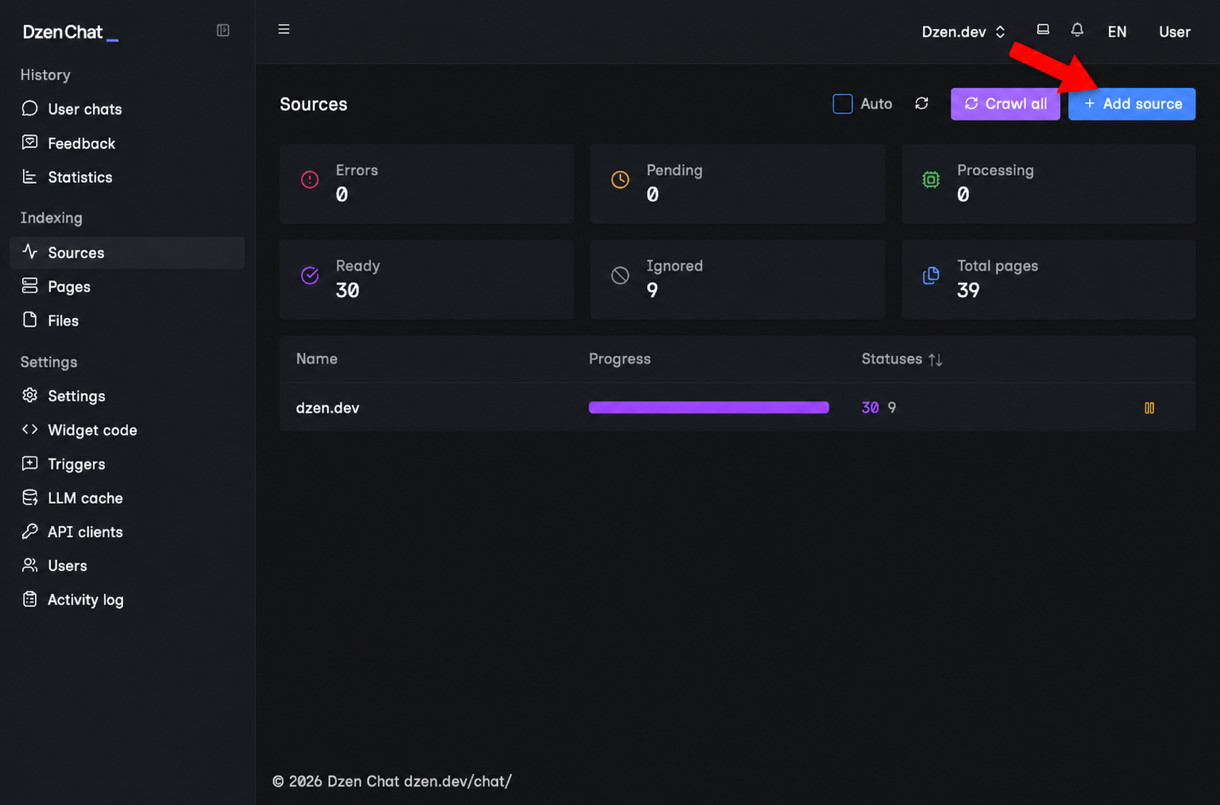 The Add source button in Dzen Chat Sources