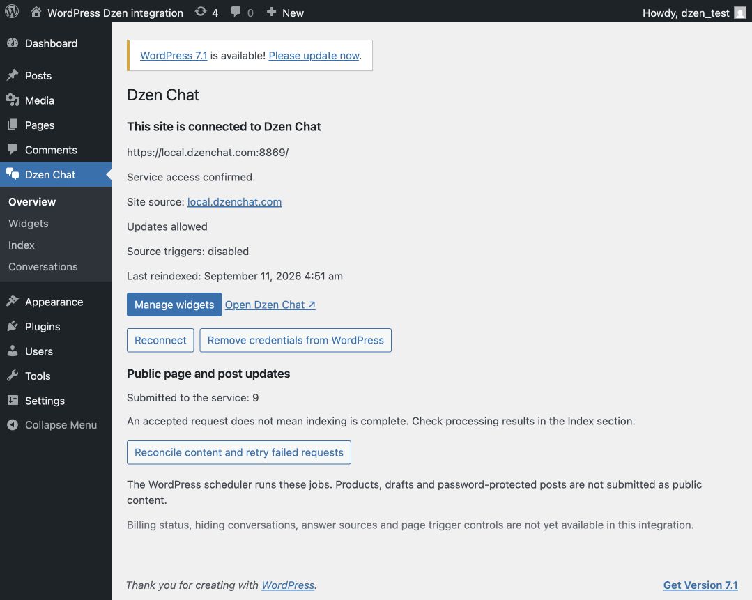 Плагин подтверждает подключение сайта WordPress к Dzen Chat