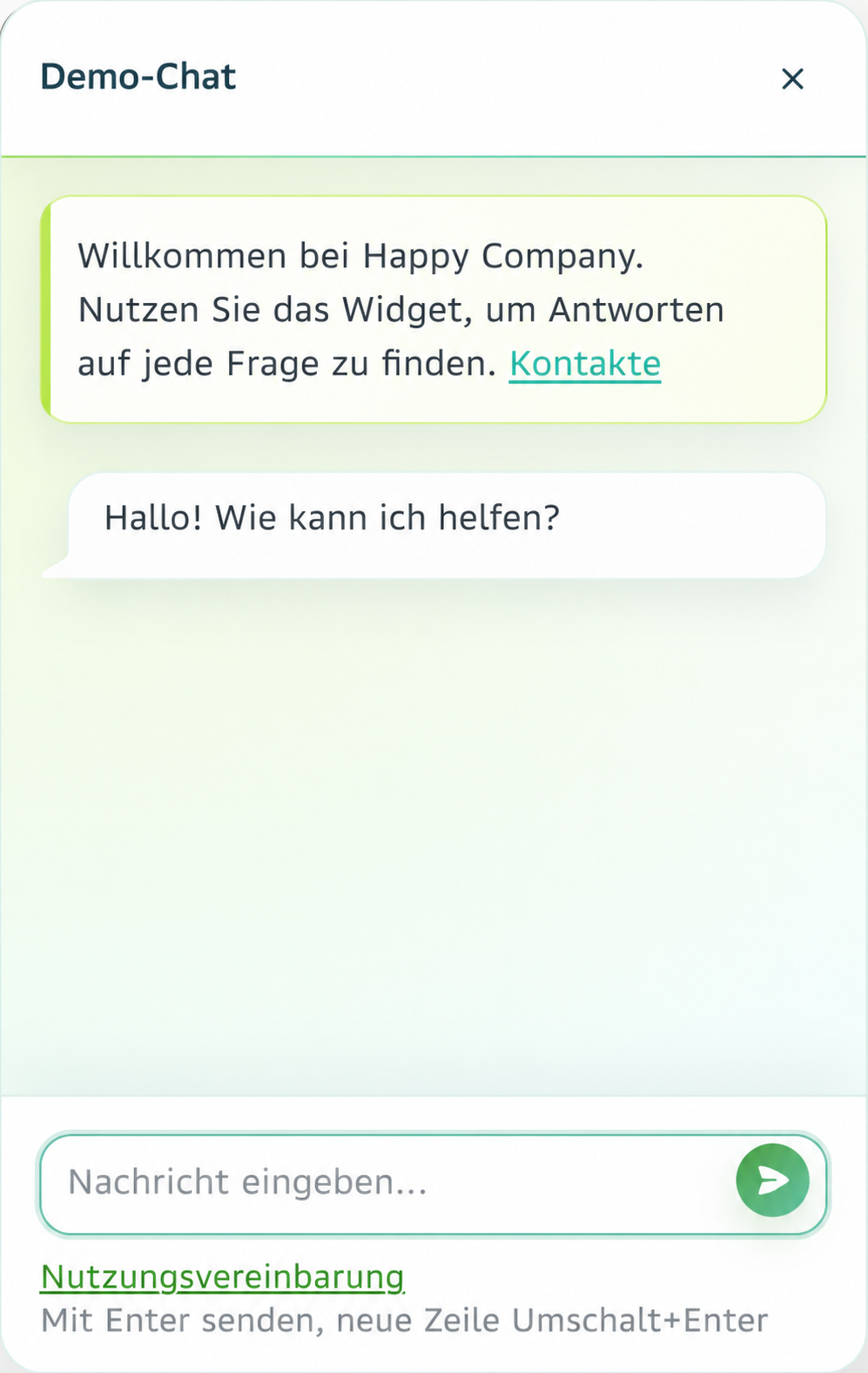 Geöffnetes Dzen-Chat-Widget mit Begrüßung, angehefteter Orientierung und Nachrichteneingabe